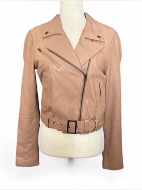 💜 Veda Belted Tan/Blush Leather Moto Jacket (M)